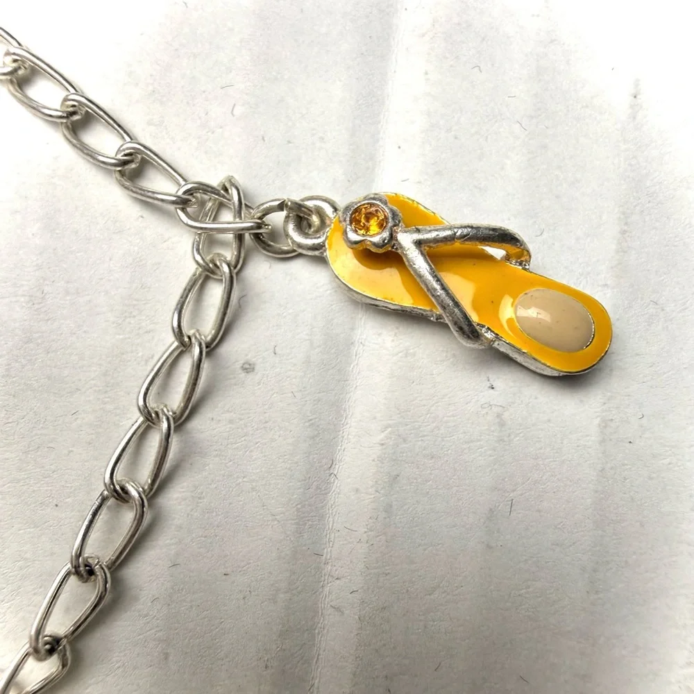 Vintage Silver Tone Enamel Flip Flop Charm Bracelet Sandals‎ Beach Colorful Y2K